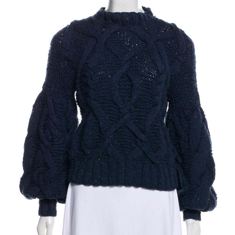 ULLA JOHNSON Mock Neck Bell Sleeve Navy Blue Sweater